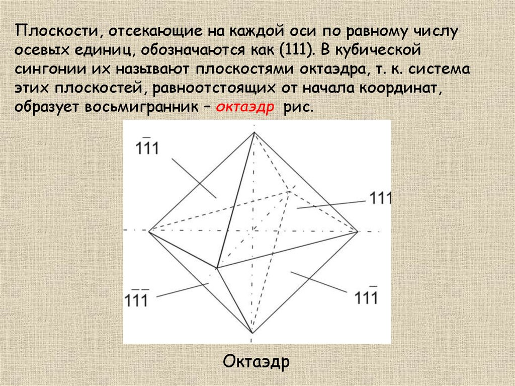 Основы кристаллографии. Точечная группа октаэдра. Ось третьего порядка в октаэдре. Октаэдр в системе координат. Формула октаэдра в кристаллографии.