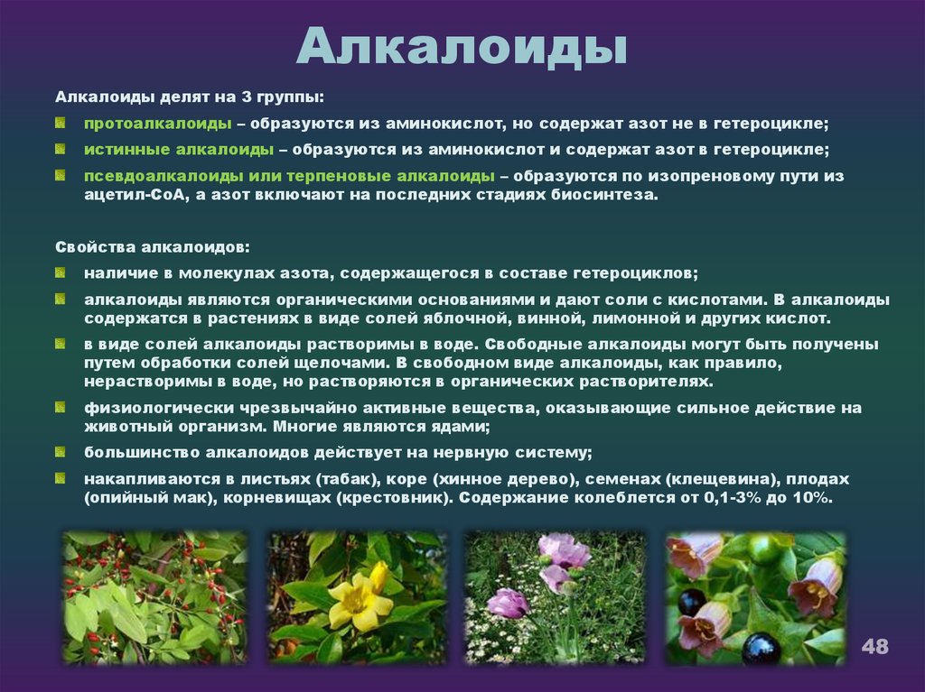 Растительное происхождение биологическая. Алкалоиды. Растительные алкалоиды. Алкалоиды лекарственные растения. Алкалоиды в растениях.