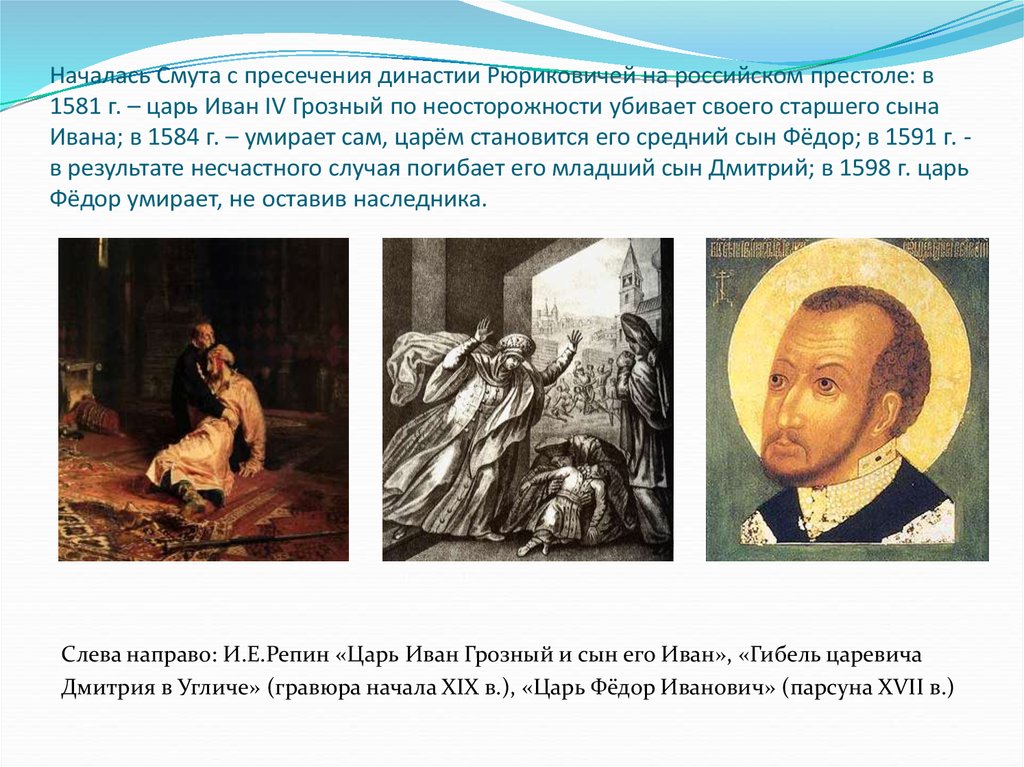 Началась Смута с пресечения династии Рюриковичей на российском престоле: в 1581 г. – царь Иван IV Грозный по неосторожности убивает своего ст