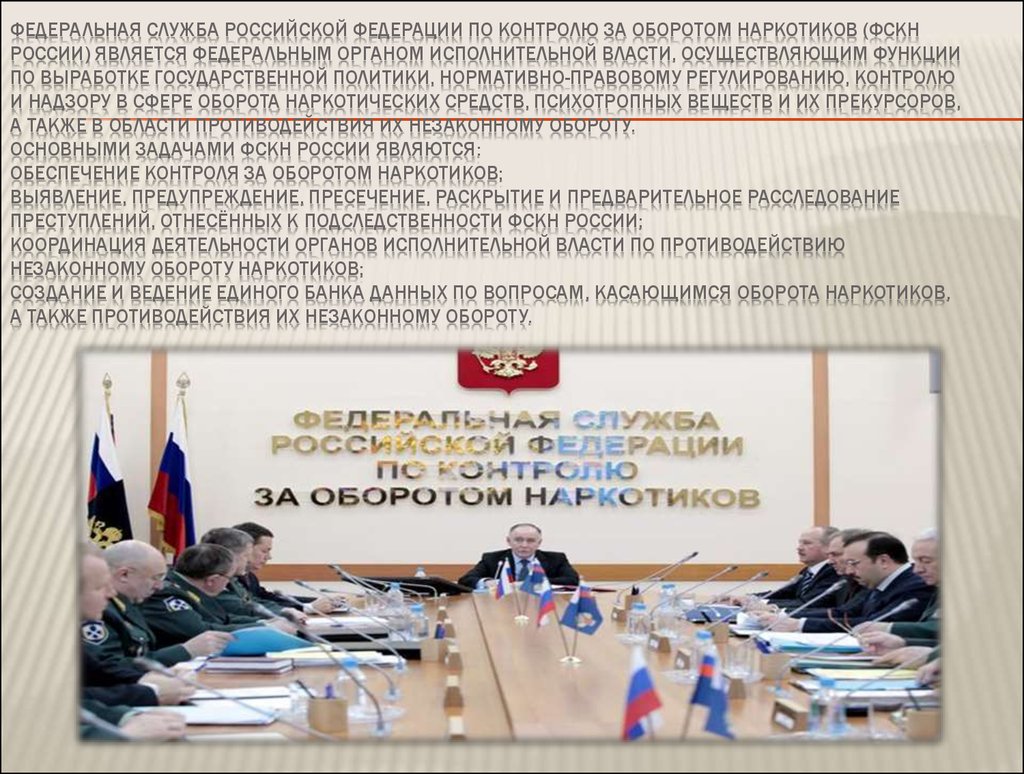 Федеральная служба Российской Федерации по контролю за оборотом наркотиков (ФСКН России) является федеральным органом исполнительной вла