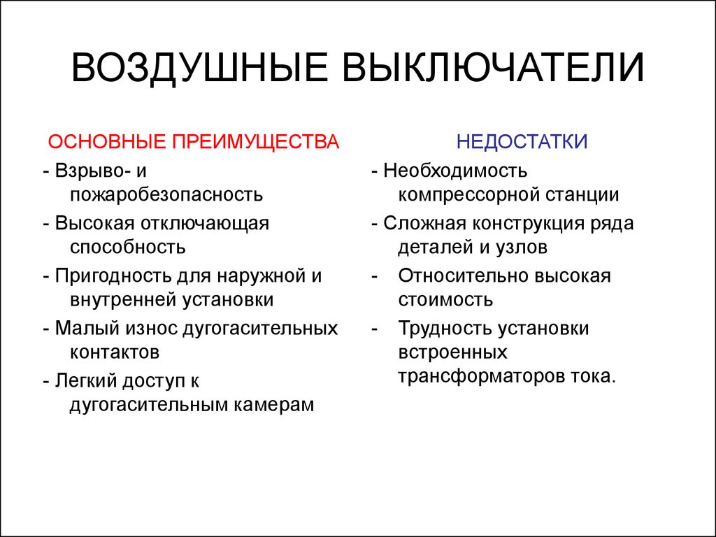 Преимущество воздушного. Достоинства и недостатки воздушных выключателей. Недостатки элегазовых выключателей. Достоинства и недостатки автоматических выключателей. Минусы воздушных выключателей.