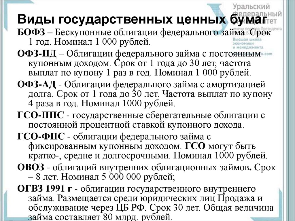 Содержание пд. Виды государственных ценных бумаг. Виды ОФЗ. Виды облигаций федерального займа. В ды ОФЗ.