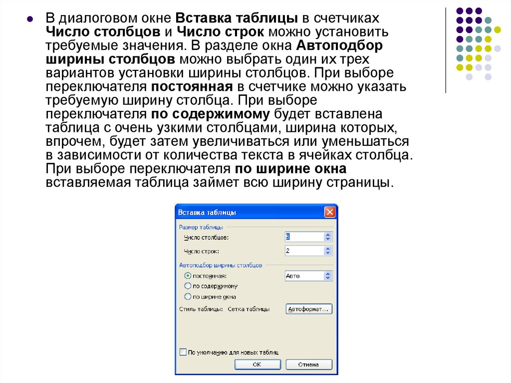 Количество столбцов. Диалоговое окно таблица. Вставка таблицы окно. Раздел в диалоговом окне.