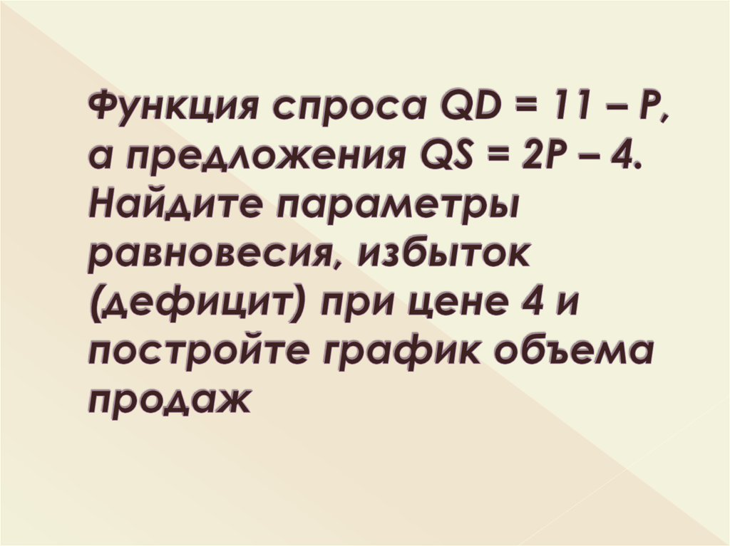 Функция спроса QD = 11 – P, а предложения QS = 2P – 4. Найдите параметры равновесия, избыток (дефицит) при цене 4 и постройте график объема продаж