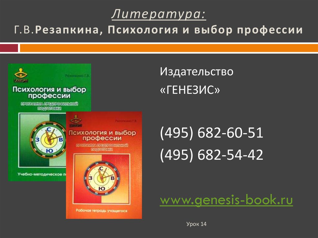 Литература: Г.В.Резапкина, Психология и выбор профессии