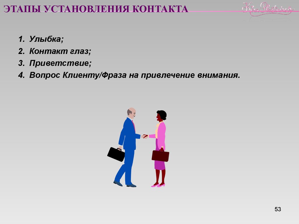 Установление контакта с клиентом в продажах. Этапы установления контакта. Налаживание контакта с клиентом. Приветствие установление контакта. Этапы установления контакта с клиентом.