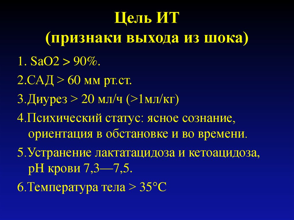 Признаки выхода. Критерии выхода из шока. Признаки цели. Показатели выхода из шокового состояния. Диурез 3,5 мл/кг.