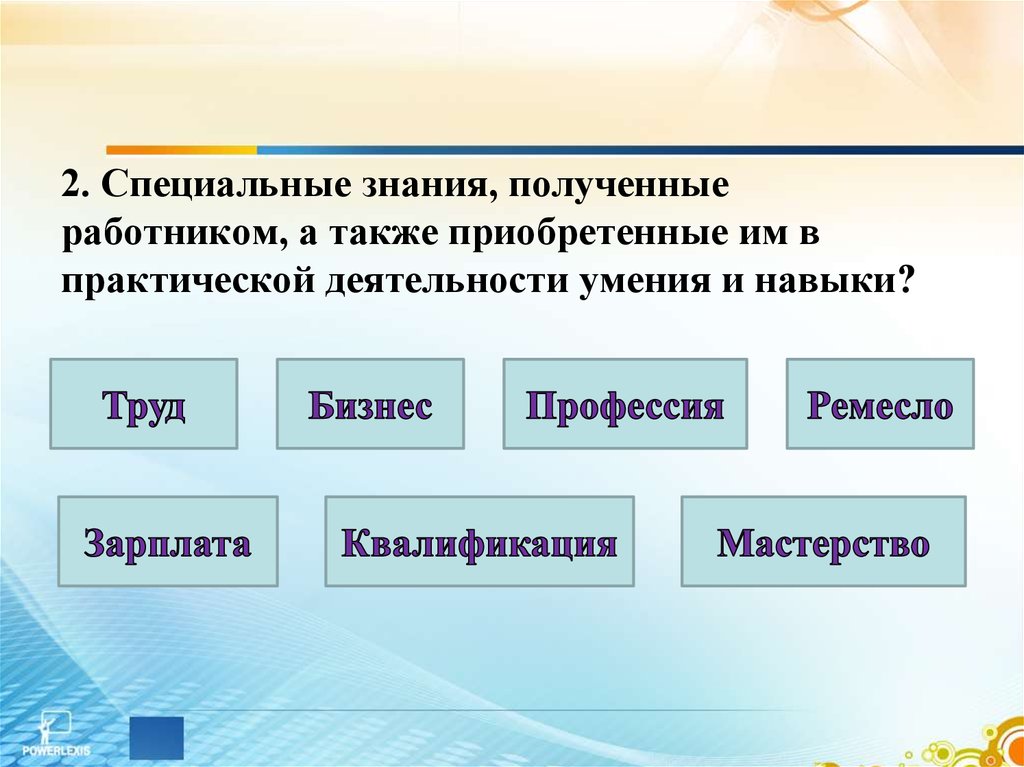 Умения в деятельности. Специальные знания и умения работника. Знания, приобретаемые в процессе практической деятельности). Это специальные знания полученные человеком а также умения и навыки. Специальные знания полученные человеком.