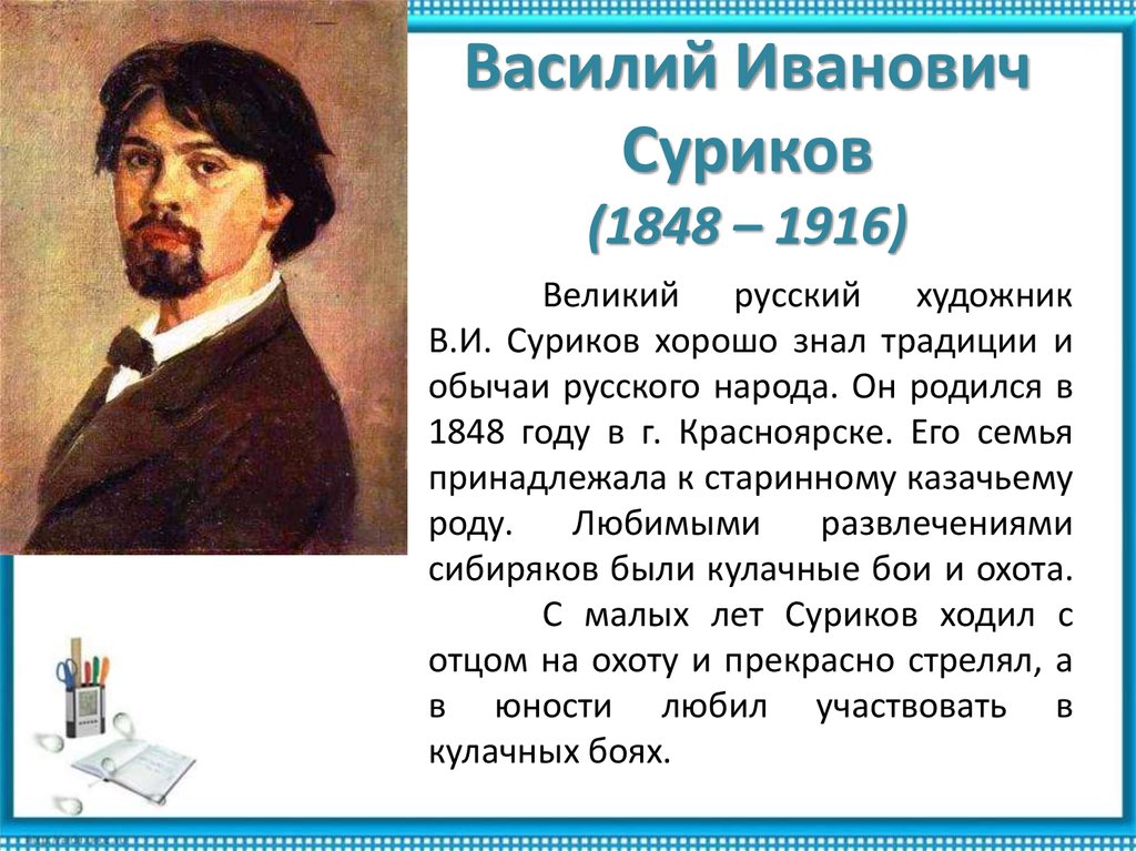 Биография сурикова. Суриков краткая биография 3 класс. Сообщение о художников Сурков. Суриков биография 4 класс.