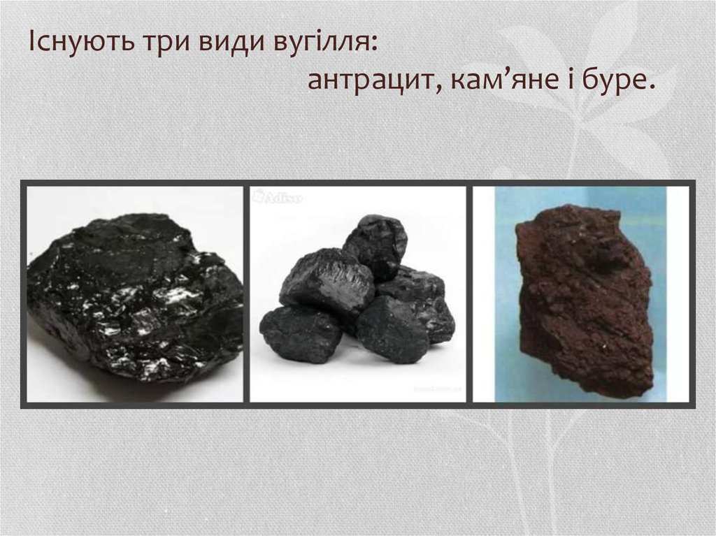 Існують три види вугілля: антрацит, кам’яне і буре.