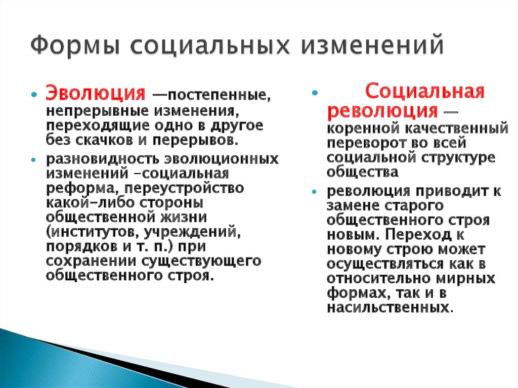 Социальное изменение и социальное развитие. Формы социальных изменений. Эволюция и революция как формы социального изменения. Основные формы и направления социальных изменений. Эволюция как форма социального изменения.