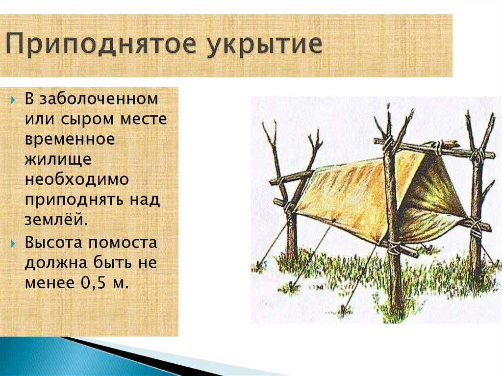 Временном жилищем. Сооружение временного жилища ОБЖ 6 класс. Приподнятые укрытия. Шалаш временное укрытие. Построение временного жилища.