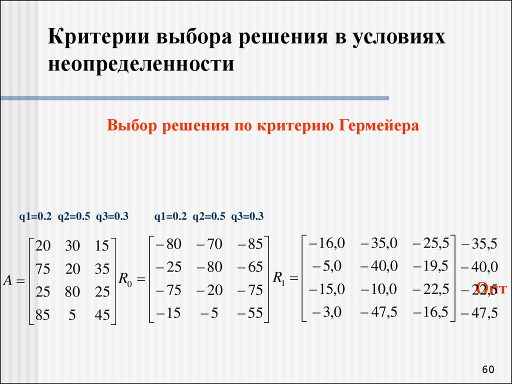 Выбранное решение. Критерии выбора в условиях неопределенности. Критерий Гермейера. Критерий Гермейера пример решения. Примеры критериев решения.