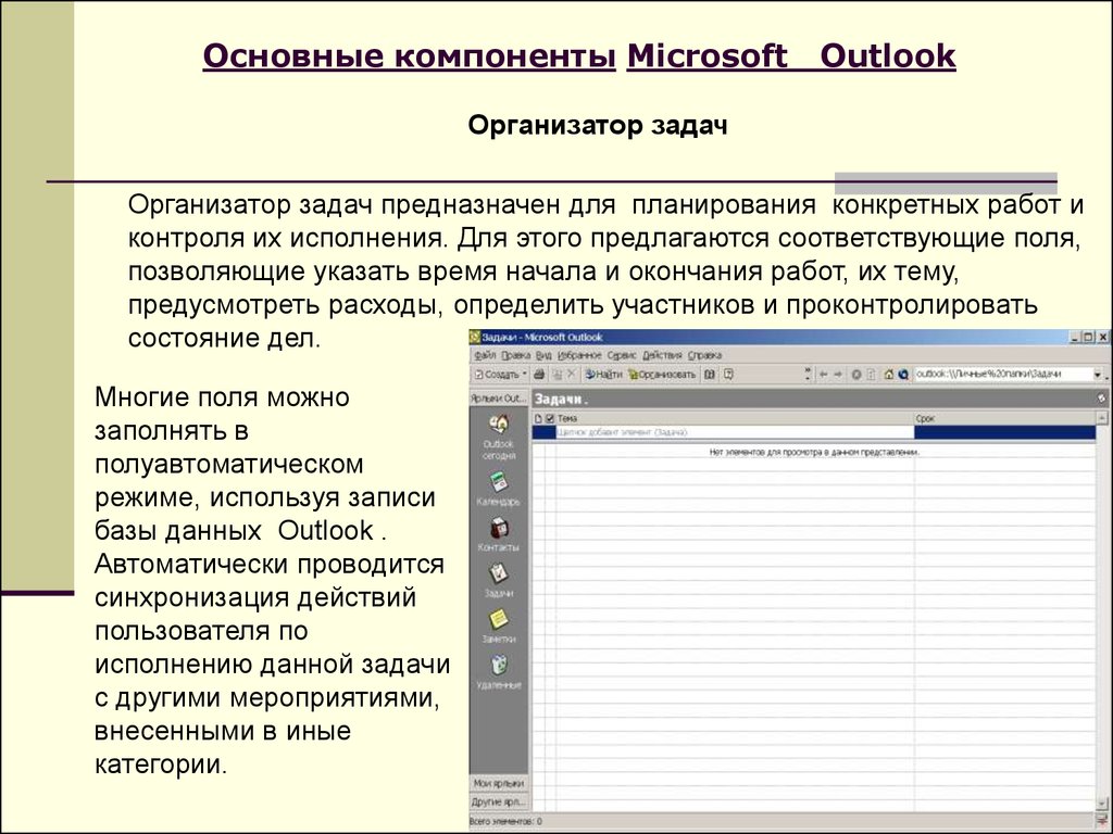 Задачи аутлук. Компоненты Microsoft. Основные элементы MS Outlook. Организатор задач Outlook. Компоненты Майкрософт.