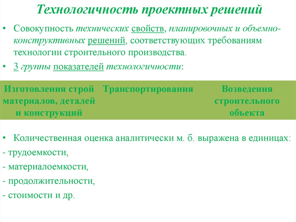 Изменение проектных решений. Показатели технологичности. Технологичность решений. Технологичность производства. Количественная оценка технологичности.