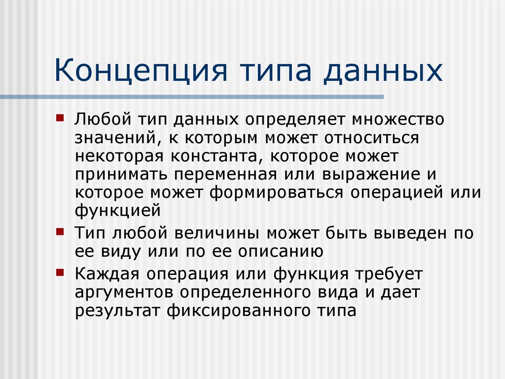 Данные в любом виде. Концепция типов данных. Понятие типа данных. Концепция типа данных. Базовые типы.. Тип данных определяет.