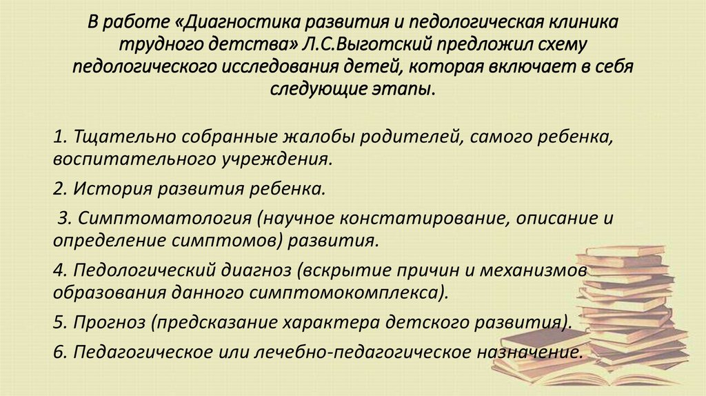 Какой пункт отсутствует в схеме обследования ребенка с отклонениями в развитии у л с выготского