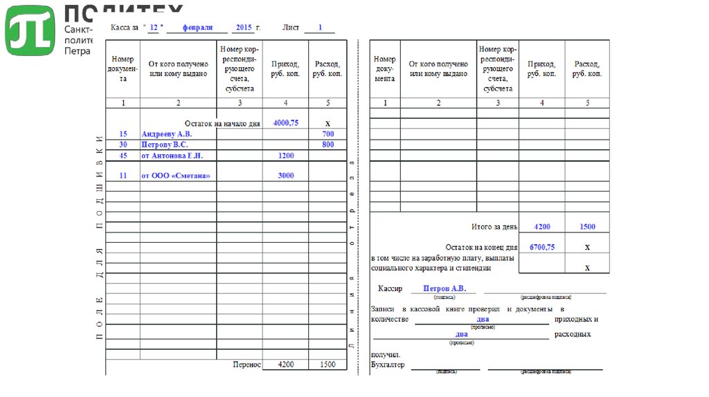 Как заполнять кассовую книгу вручную образец