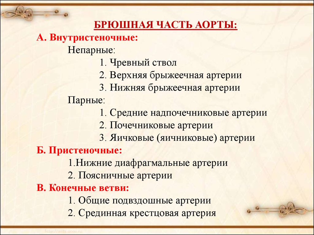 Ветви брюшной аорты. Ветви брюшной части аорты. Классификация ветвей брюшной аорты.