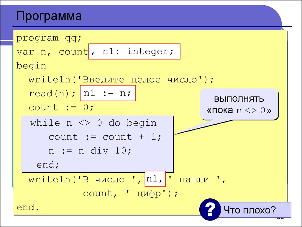 Структура программы на языке DELPHI. Program QQ begin writeln. N count что это. Integer и Counter.