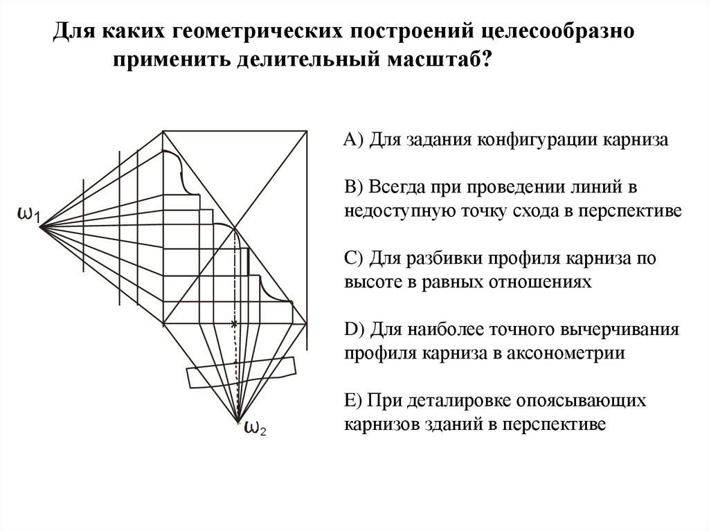 A) Для задания конфигурации карниза B) Всегда при проведении линий в недоступную точку схода в перспективе C) Для разбивки