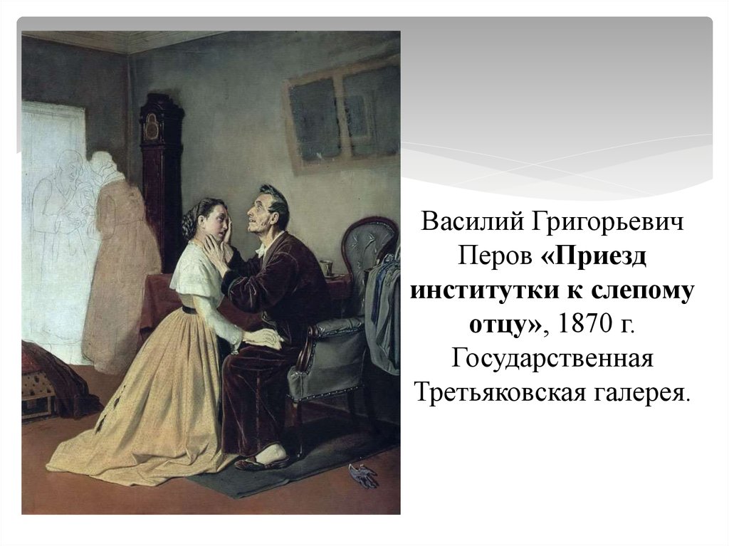 Приезд отца. Василий Григорьевич Перов приезд Институтки к слепому отцу. Василий Григорьевич Перов приезд гувернантки в Купеческий дом. Василий Григорьевич Перов приезд Институтки. Перов картины институтка.