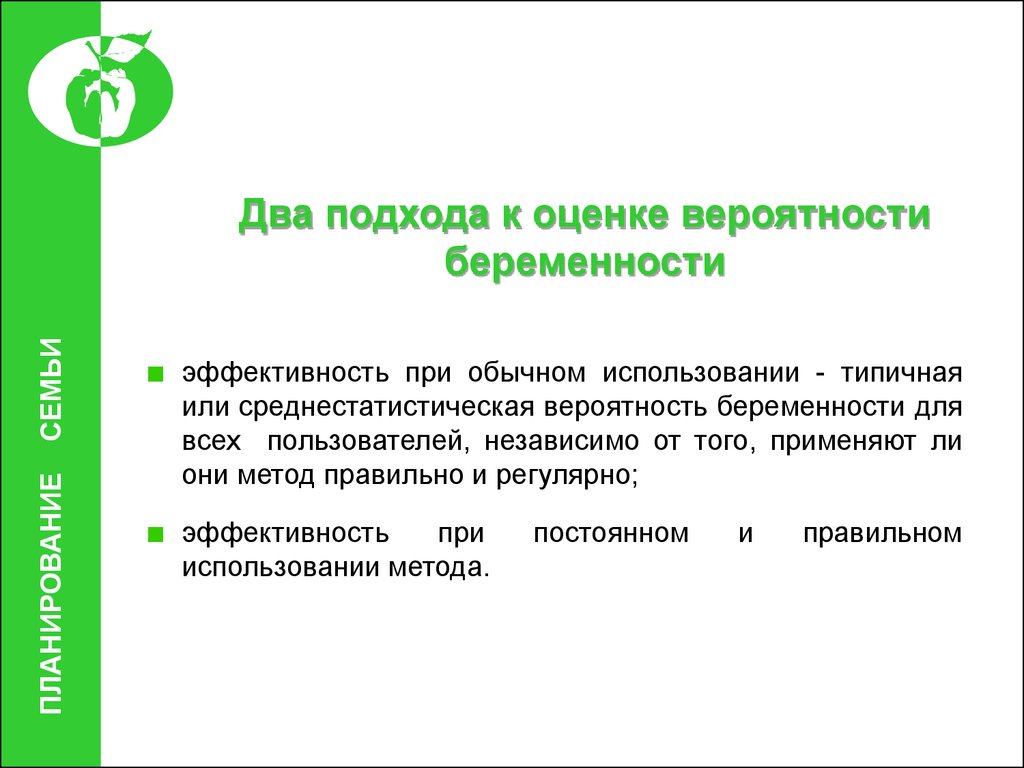 Правильный подход. Определение возможности беременности. Учет эффективности беременности. Шанс забеременеть при эвакуации. Признает беременности вероятностные.