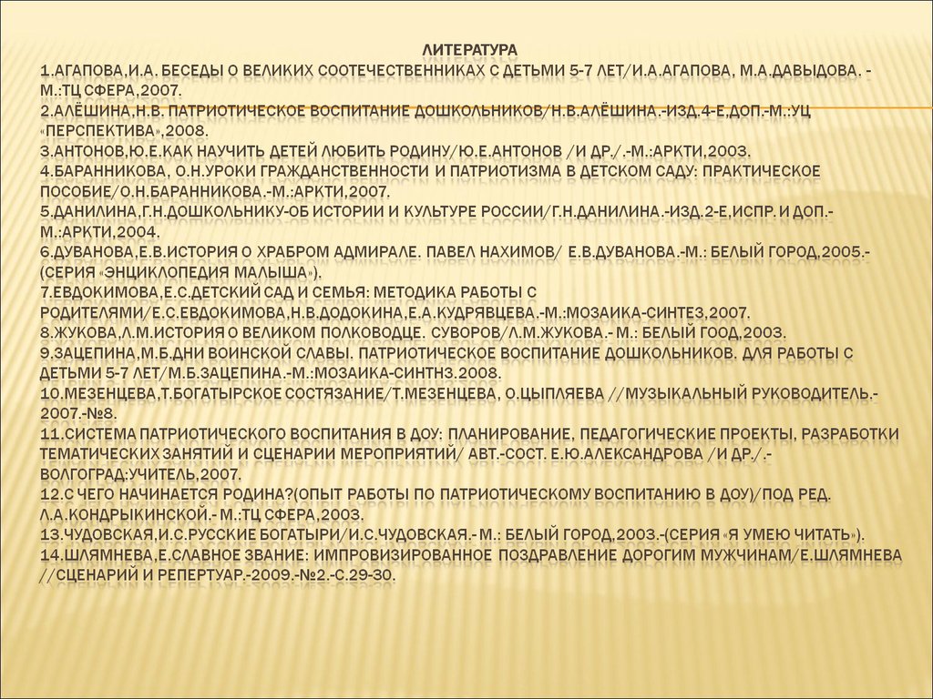 ЛИТЕРАТУРА 1.Агапова,И.А. Беседы о великих соотечественниках с детьми 5-7 лет/И.А.Агапова, М.А.Давыдова. -М.:ТЦ Сфера,2007. 2.Алёшина,Н.В. Патриотиче