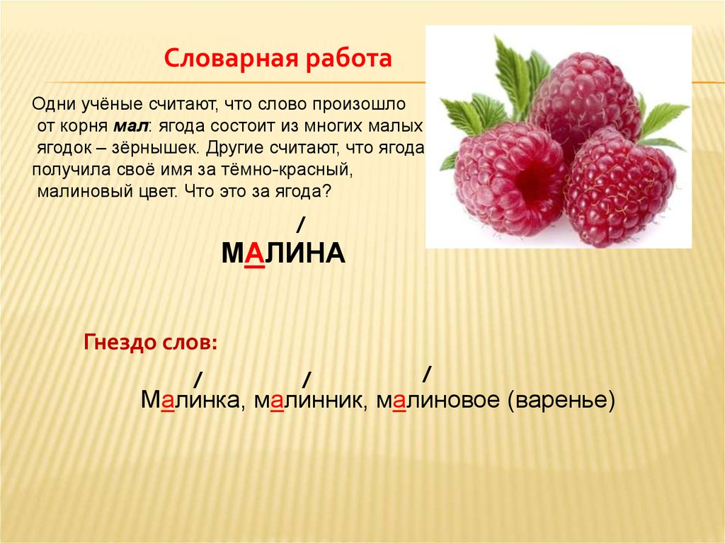 Прочитай слово ягода. Малина для презентации. Предложение про ягоды. Работа со словарным словом малина. Малина проверочное слово.