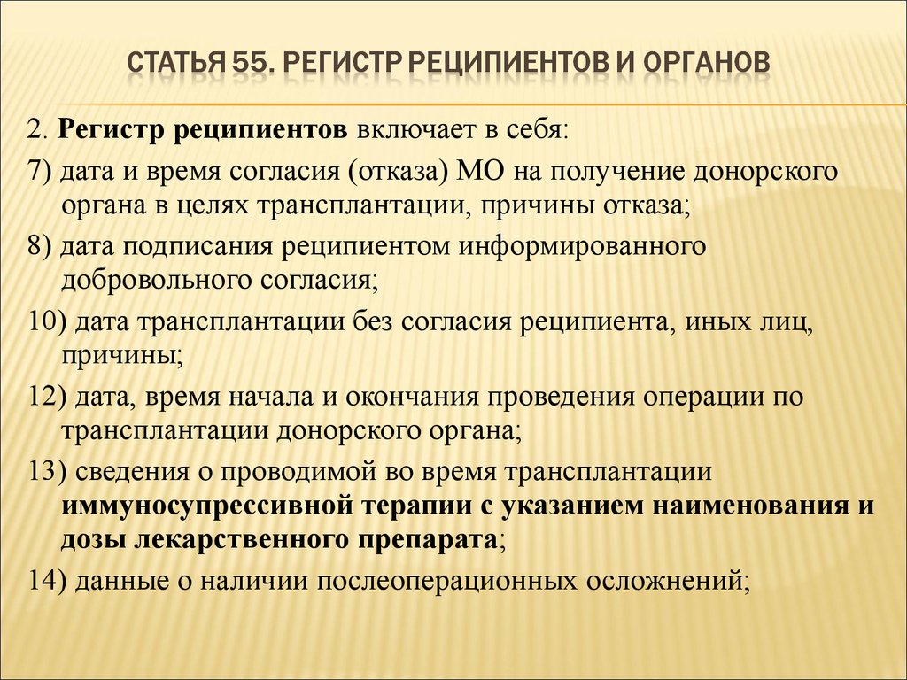 Статья 55. Регистр реципиентов и органов