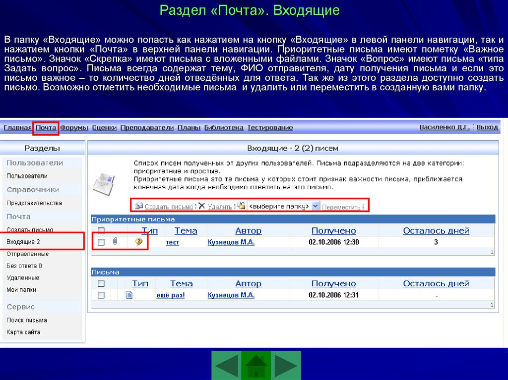 Разделен почта. Входящие сообщения. Папка:входящие.