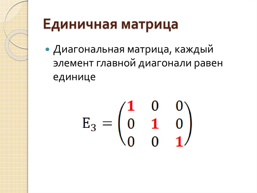 Иметь вид элемента. Единичная матрица на единичную матрицу. E единичная матрица третьего порядка. Единичная матрица матрицы 2 порядка. Единичная матрица порядка n.