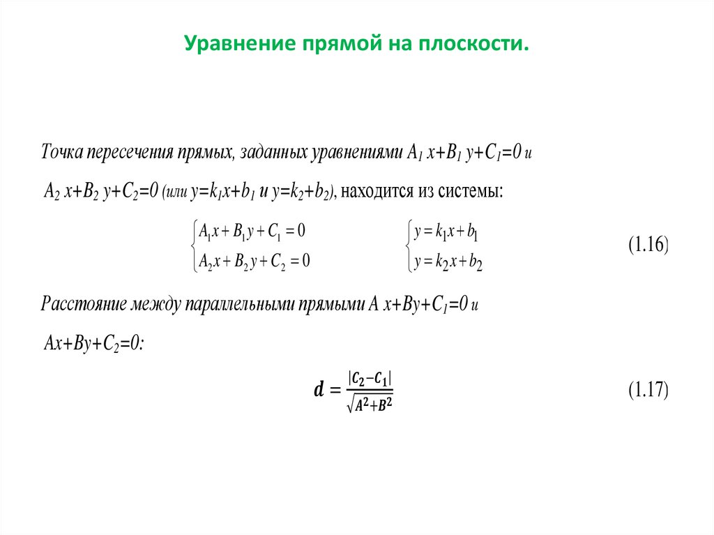 Уравнение прямой координаты точки пересечения прямых