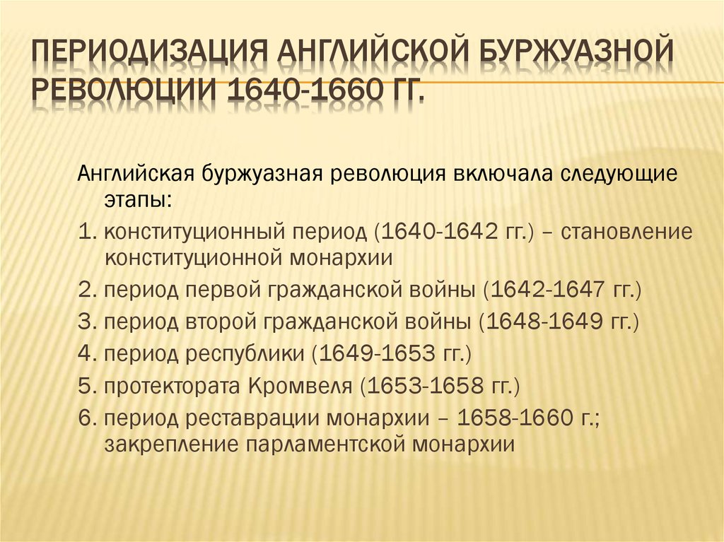 ПЕРИОДИЗАЦИЯ АНГЛИЙСКОЙ БУРЖУАЗНОЙ РЕВОЛЮЦИИ 1640-1660 гг.