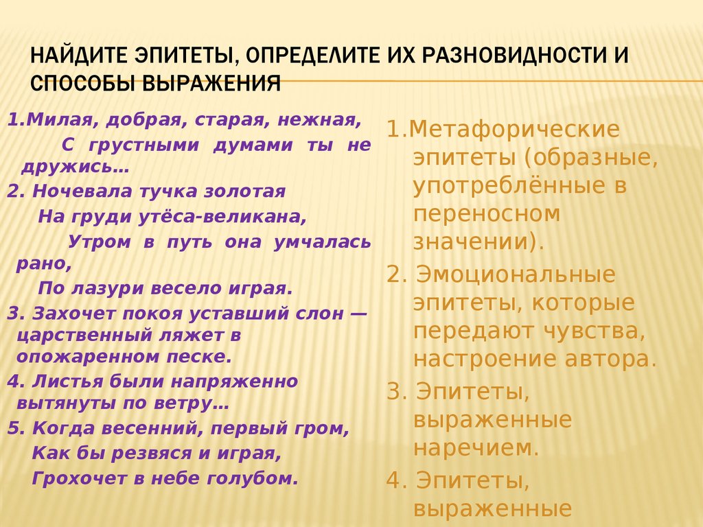 Значение словосочетания старинное время. Разновидности эпитетов. Эпитет способы выражения примеры. Выражения с эпитетами. Найди эпитеты.