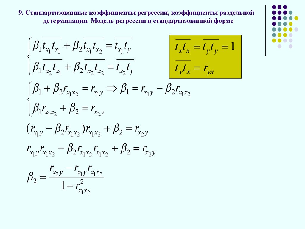 Модель регрессии. Стандартизованные коэффициенты регрессии. Стандартизованные коэффициенты множественной регрессии. Коэффициенты регрессии в матричной форме. Коэффициент Раздельной детерминации.