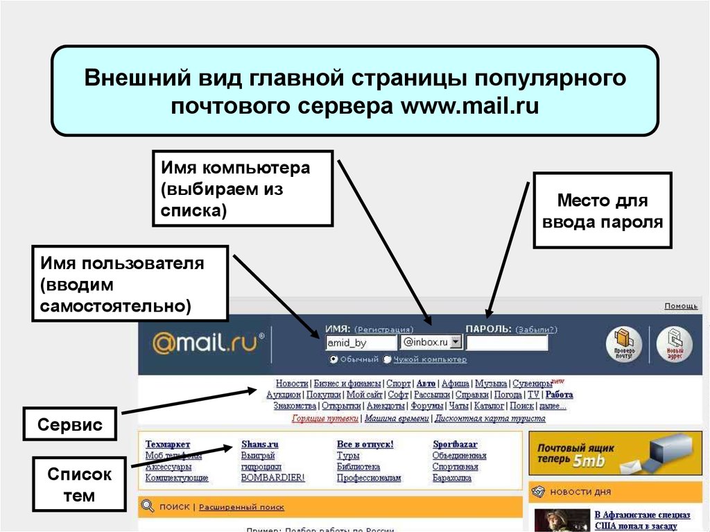 Внешний вид главной страницы популярного почтового сервера www.mail.ru