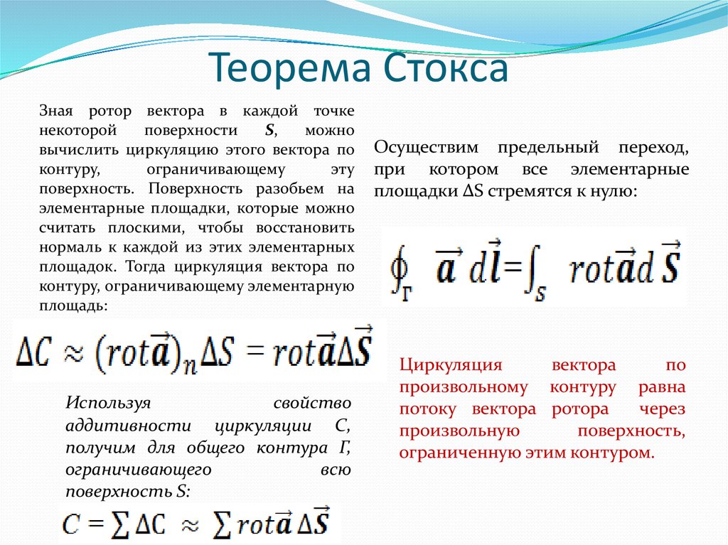 Формула стокса. Формула Стокса формулировка. Ротор векторного поля формула Стокса. Циркуляция вектора теорема Стокса. Теорема Стокса формулировка.