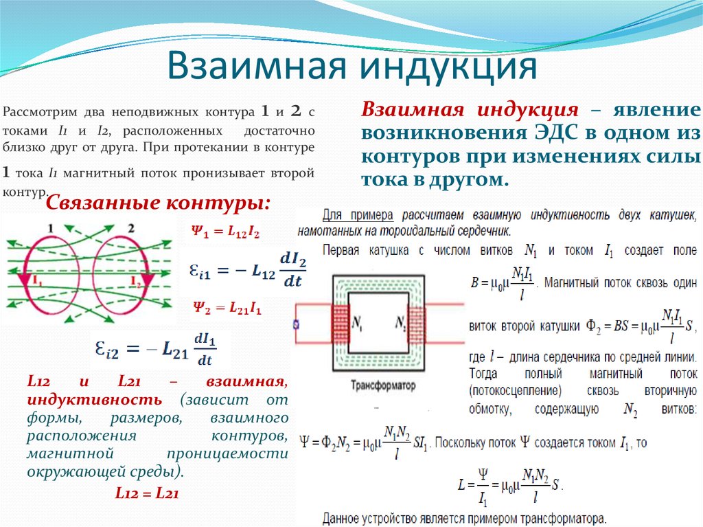 Поток в замкнутом контуре. Индукция и взаимоиндукция. Взаимная Индуктивность явление взаимоиндукции. ЭДС взаимной индукции формула. Взаимная Индуктивность 2 катушек формулы.