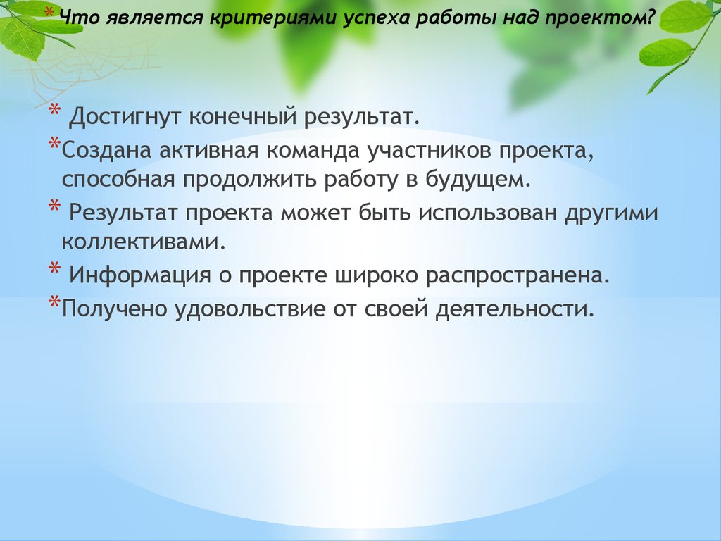 Критерии успеха работы над проектом