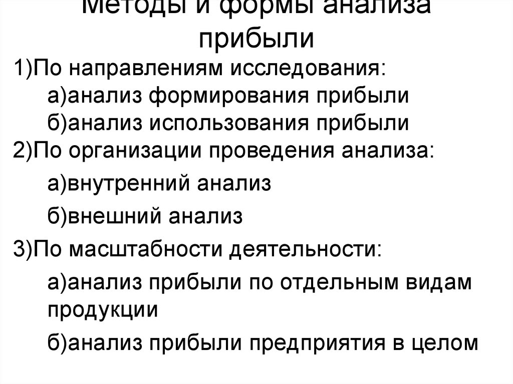 Метод прибыла. Методы анализа прибыли. Методы анализа прибыль. Формы анализа прибыли.