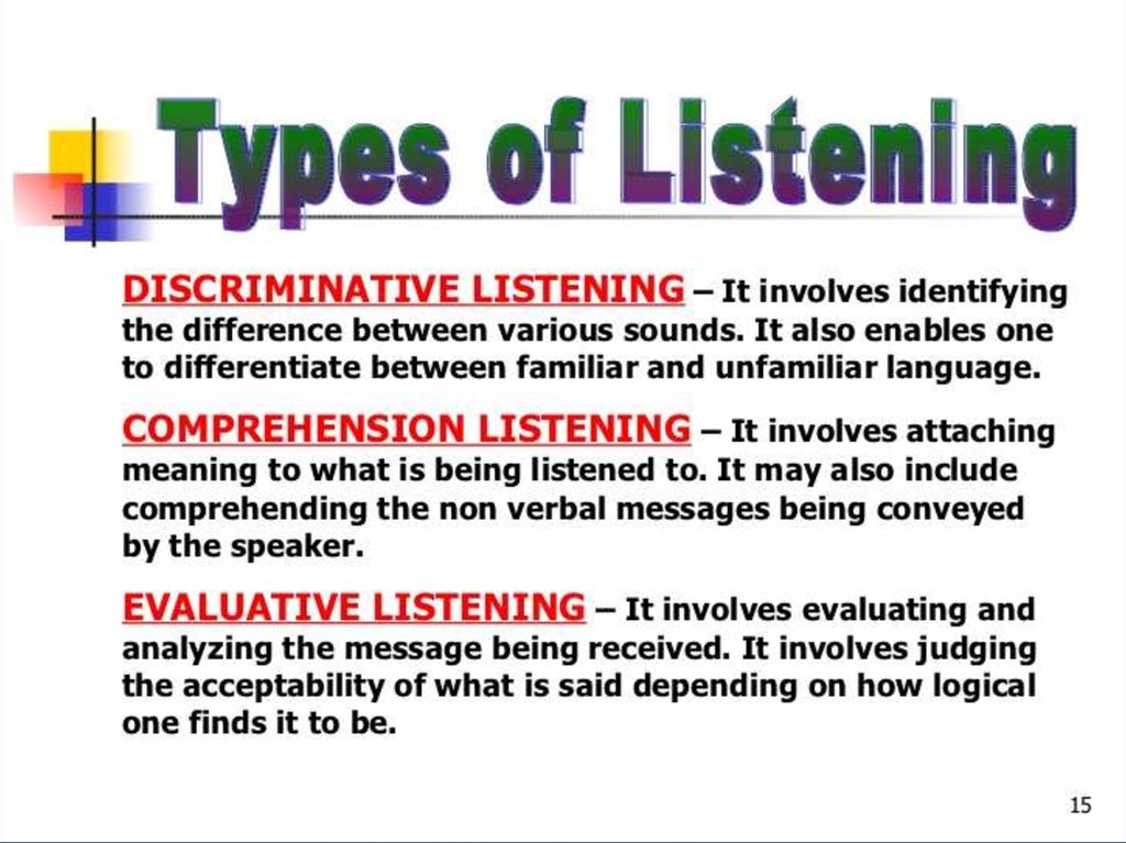 Like to listen or listening. Discriminative Listening. Types of Listening. Listening Comprehension tasks. Types of Listening tasks.