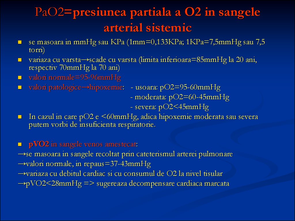 PaO2=presiunea partiala a O2 in sangele arterial sistemic