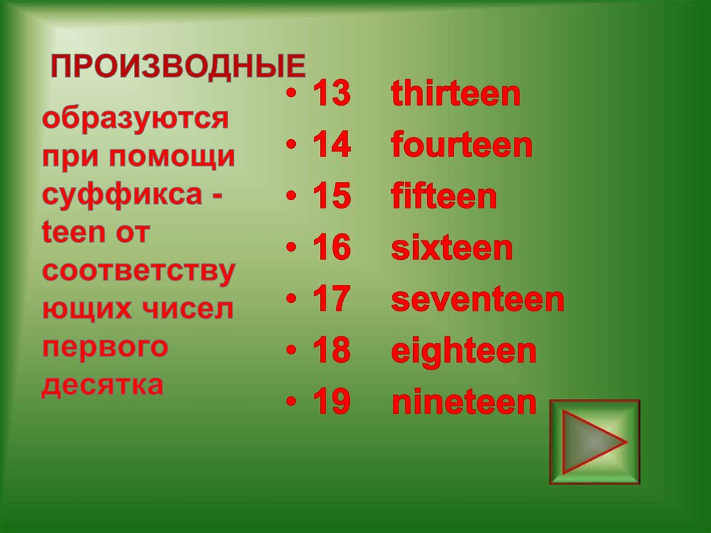 Порядковые числительные обозначают порядок предметов при счете. Суффикс teen. Суффикс teen в числительных. The Numerals количественные и производные. Thirteen fourteen fifteen.