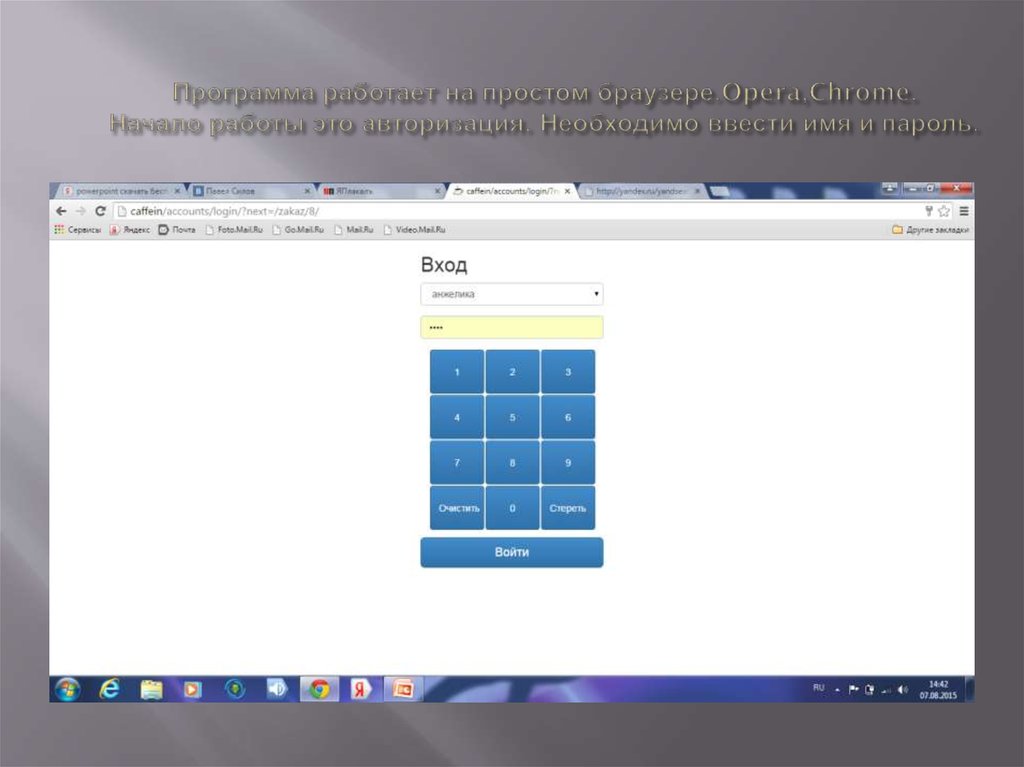 Программа работает на простом браузере.Opera,Chrome. Начало работы это авторизация. Необходимо ввести имя и пароль.
