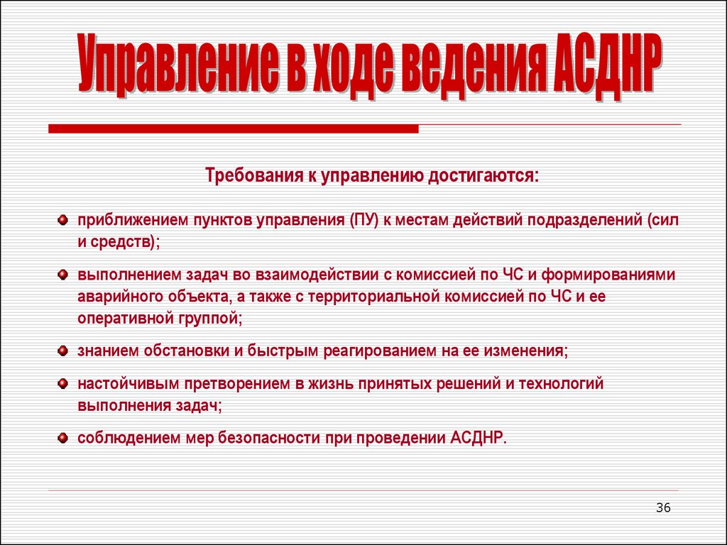 Управление на местах. Требования к пунктам управления. Основные этапы АСДНР. Требования к управлению достигаются. Пункты решения на АСДНР.