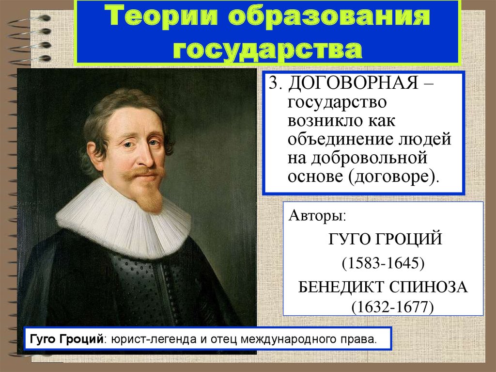 Теории образования государства. Гуго Гроций (1583-1645). Гуго Гроций о государстве. Теория естественного права г.Гроций (1583-1645). Гуго Гроций теория происхождения государства.