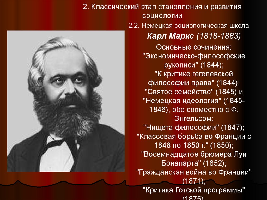 Классический этап. Карл Маркс школа. К.Маркс, (1818 - 1883) основные труды. Карл Маркс социология. Немецкая школа социологии.