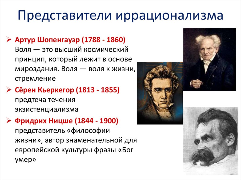 В основе жизни лежит. Артур Шопенгауэр представитель иррационализма. Философия иррационализма Шопенгауэр. Философия иррационализма XIX века: Шопенгауэр, Ницше, Кьеркегор. Философы иррационалисты.