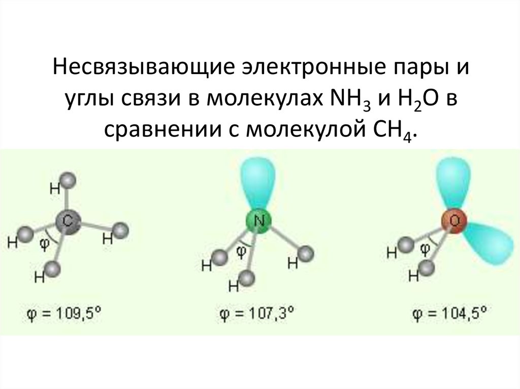 Несвязывающие электронные пары и углы связи в молекулах NH3 и H2O в сравнении с молекулой CH4.